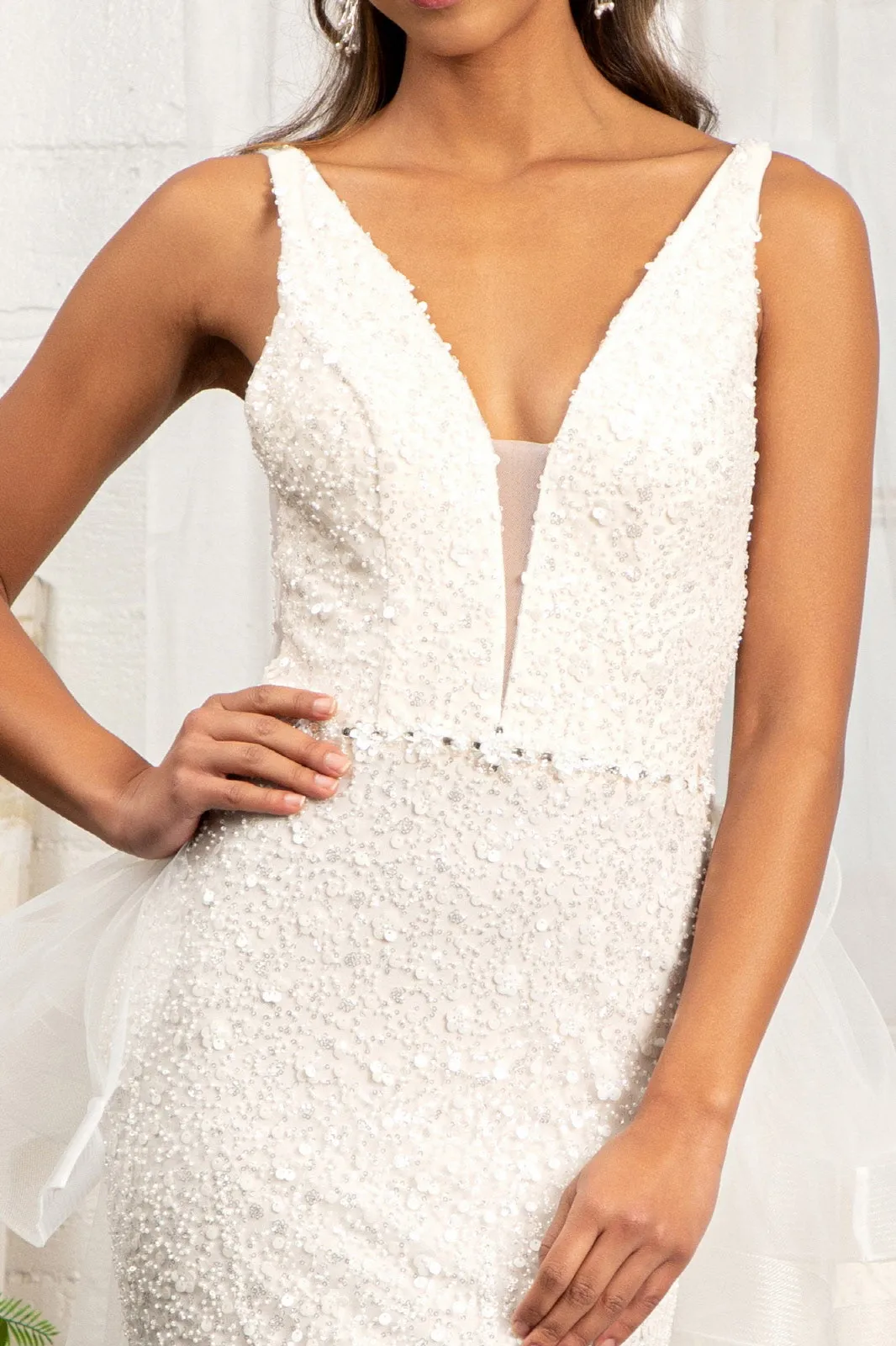 3-D Flower Applique Mermaid Mesh Wedding Gown Detached Mesh Layer GLGL3014