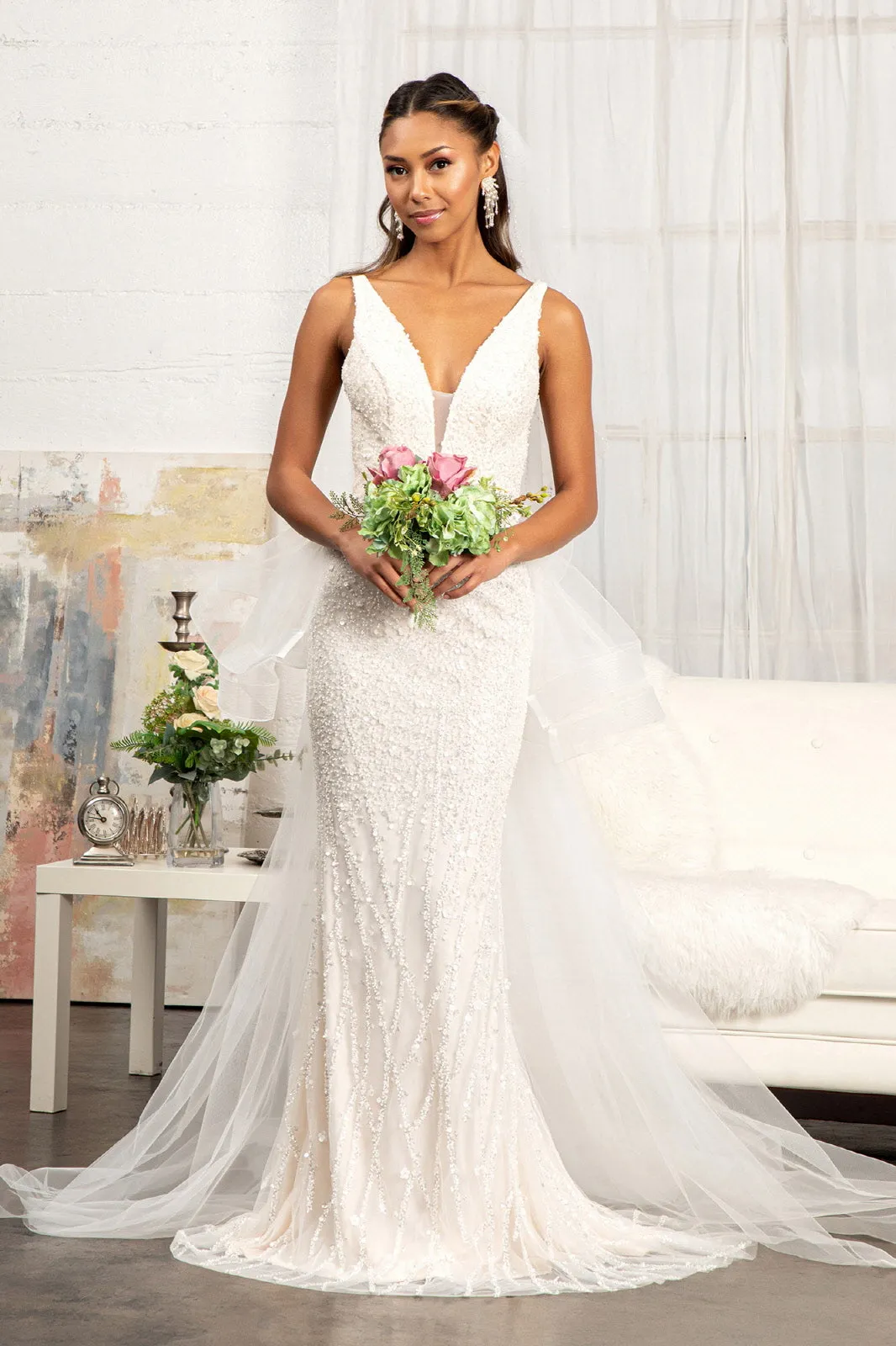 3-D Flower Applique Mermaid Mesh Wedding Gown Detached Mesh Layer GLGL3014
