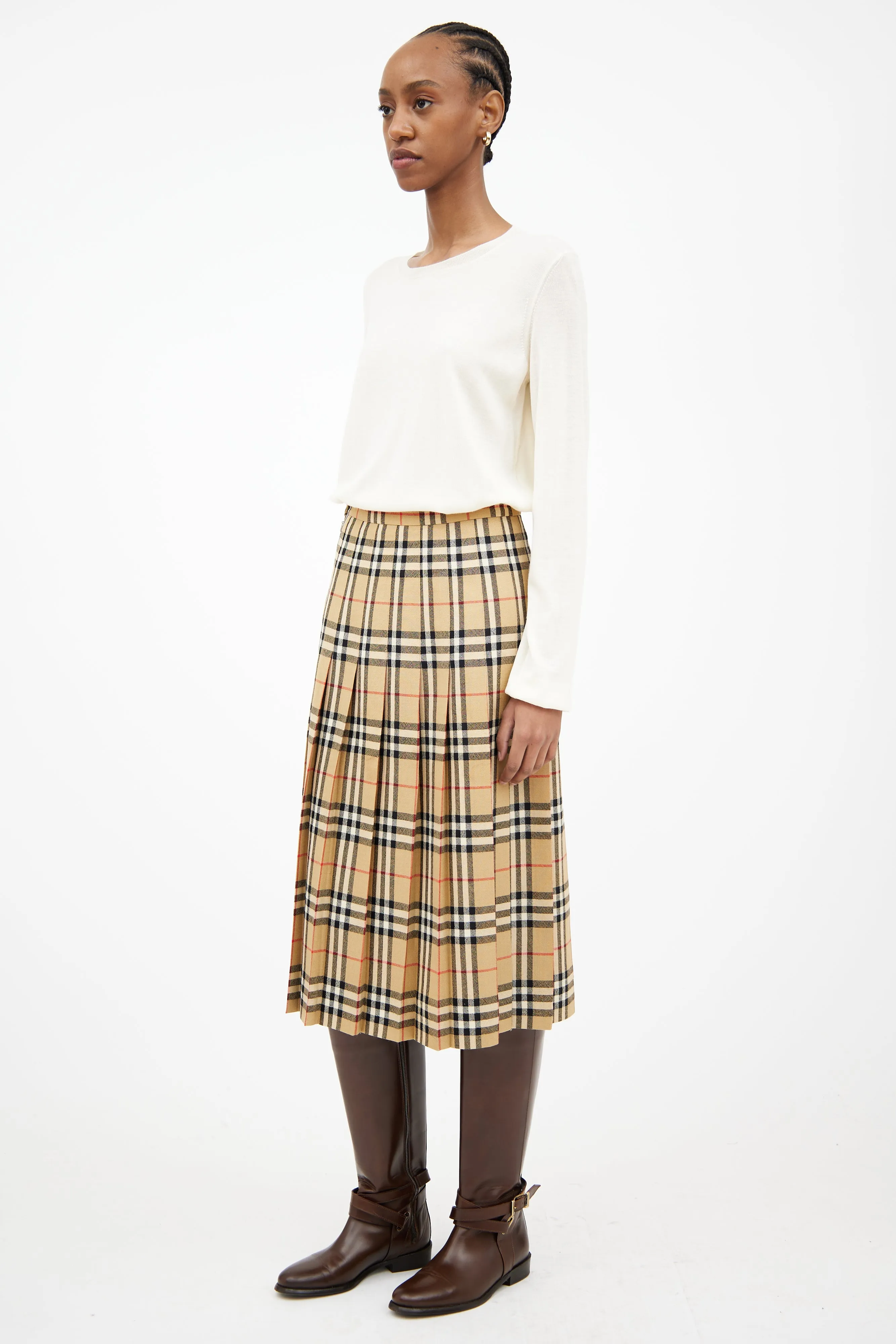Beige & Brown Pleated Nova Check Skirt