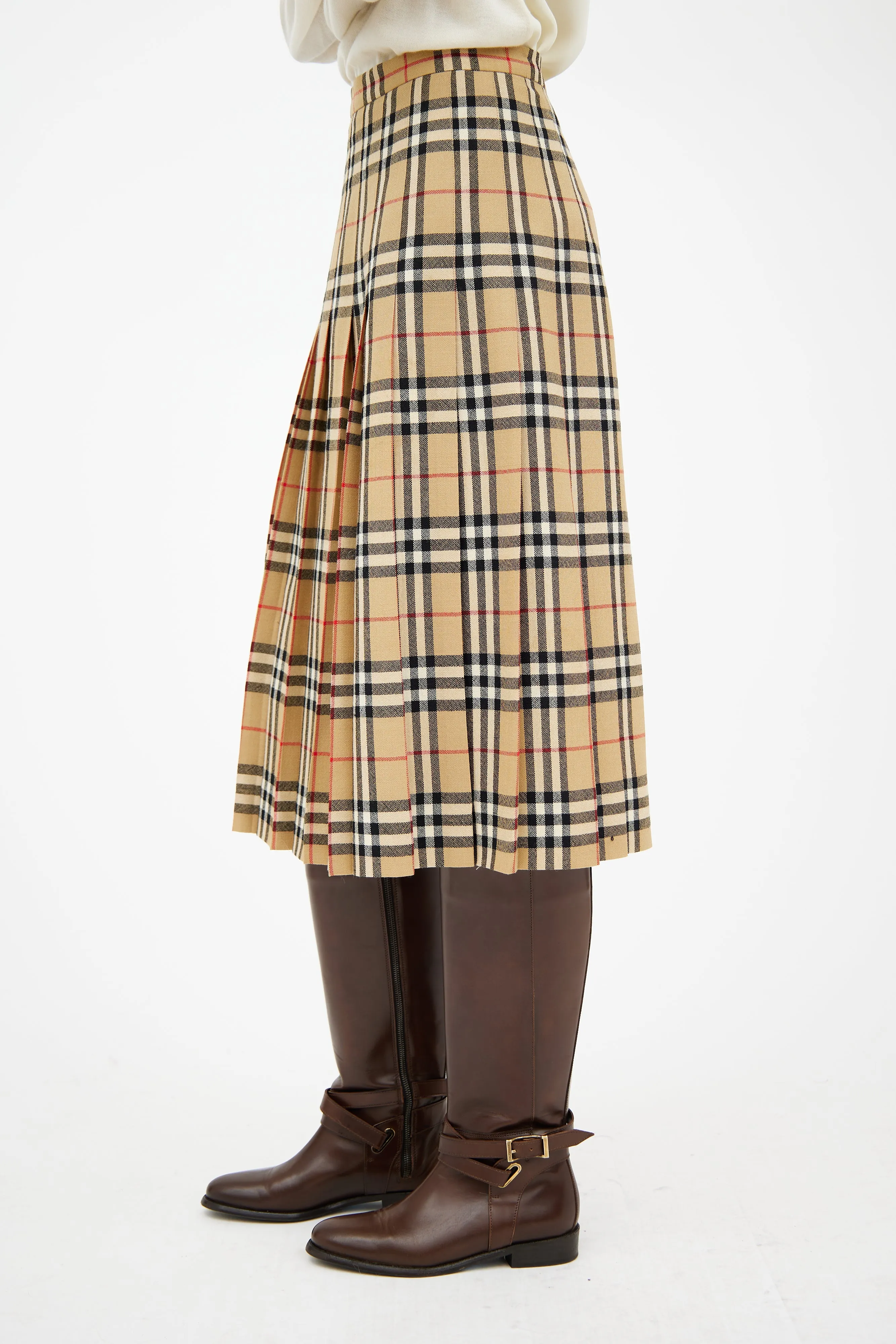 Beige & Brown Pleated Nova Check Skirt