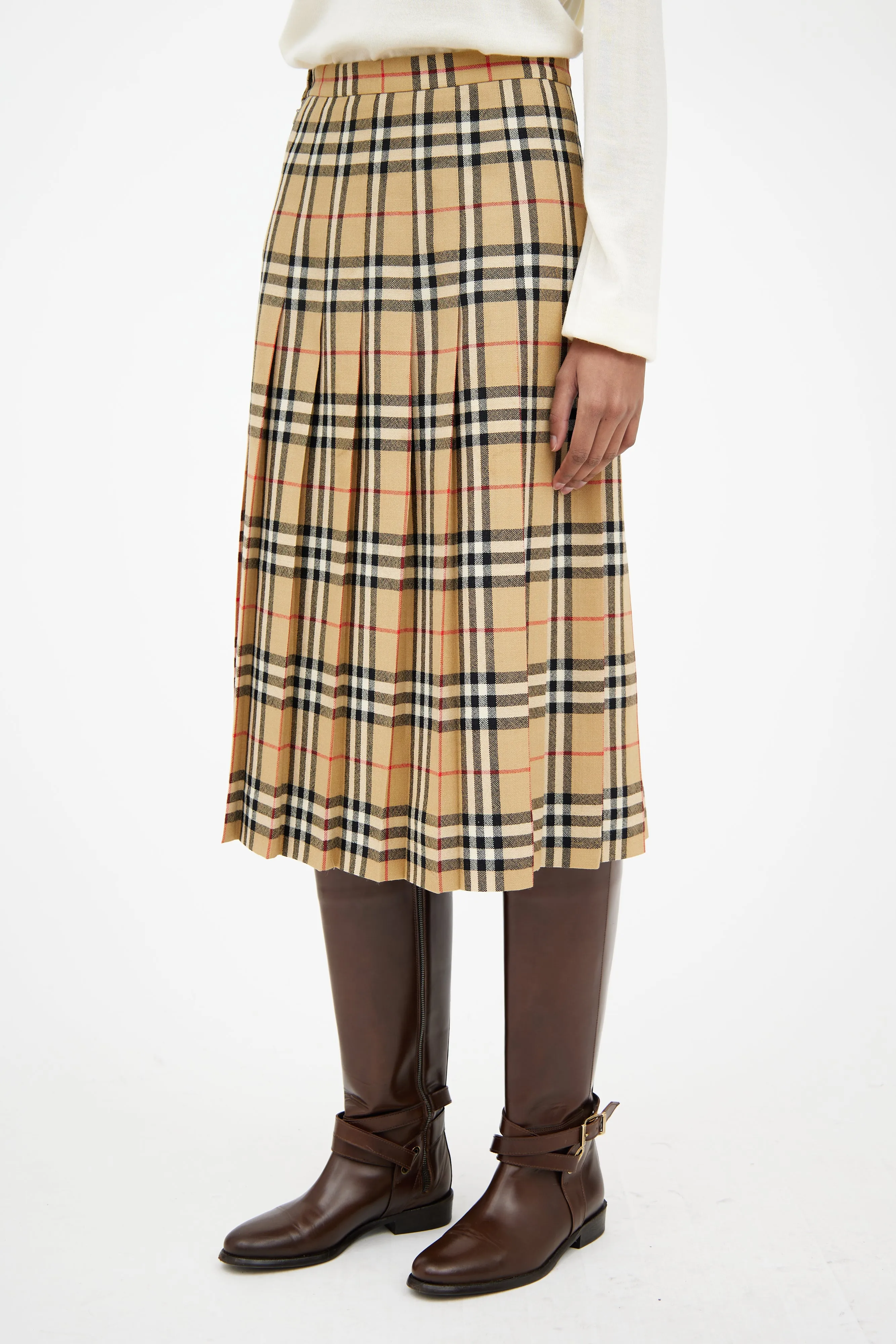Beige & Brown Pleated Nova Check Skirt