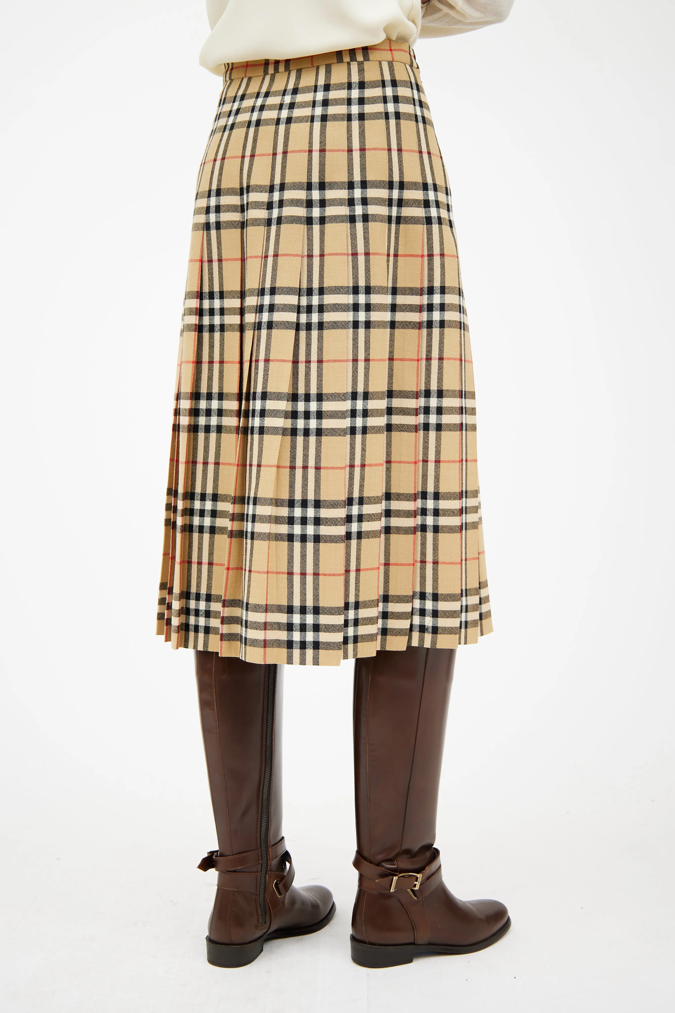 Beige & Brown Pleated Nova Check Skirt