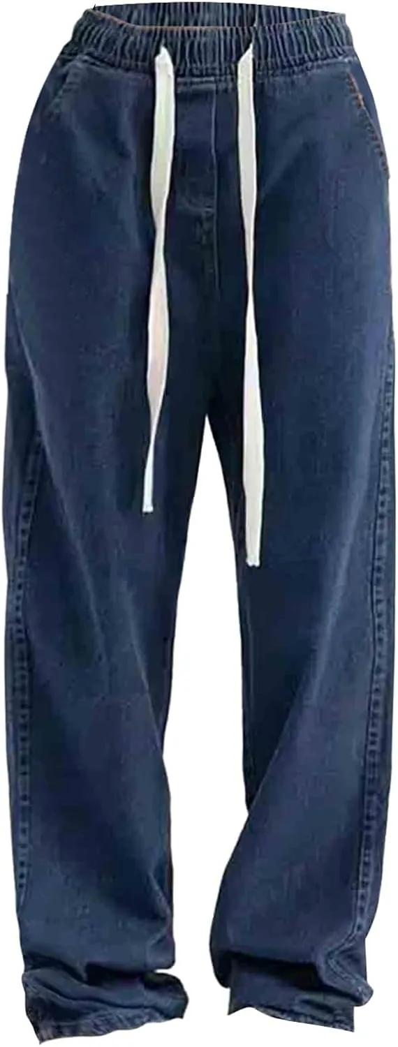 Casual Denim Pants for Women Elastic Waist Drawstring Straight Leg Trousers Vintage Loose Fit Streetwear with Pocket