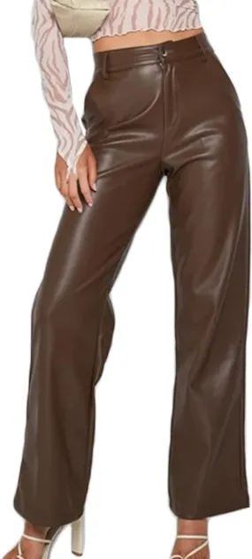 Faux Leather Pants for Women Solid Color High Waist Straight Leg Trousers Vintage 90s Streetwear Pant with Pockets