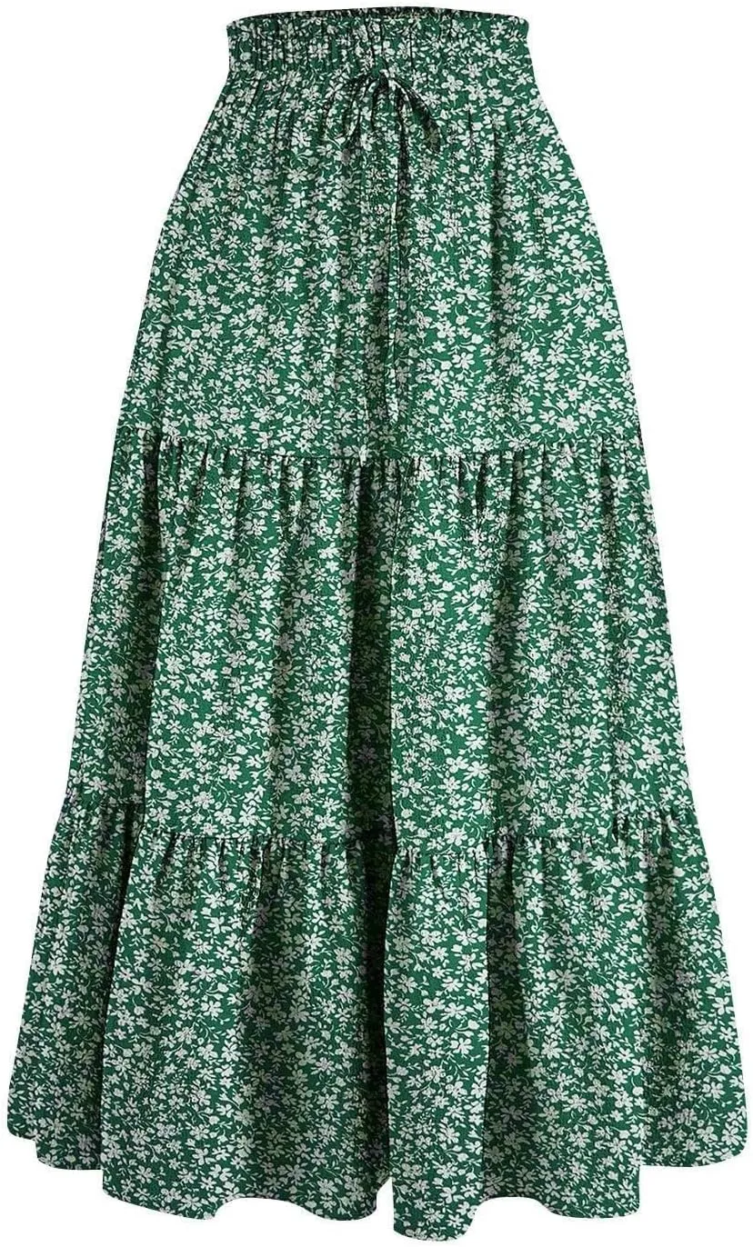 Floral Print Midi Skirt for Women Summer Trendy Drawstring Waisted Vacation Beach Skirts Casual Comfy Tiered Skirt