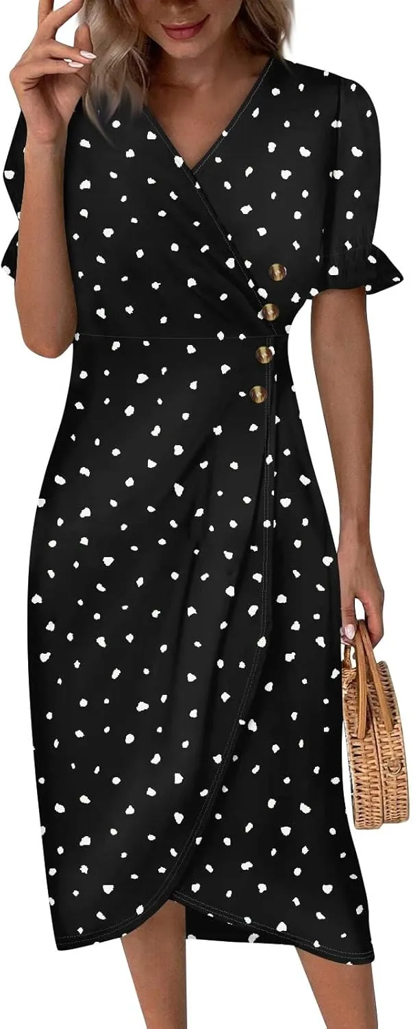 Formal Midi Dresses for Women Ruffled Short Sleeve V Neck Irregular Hem Dress A-line Boho Floral Wedding Guest Dress