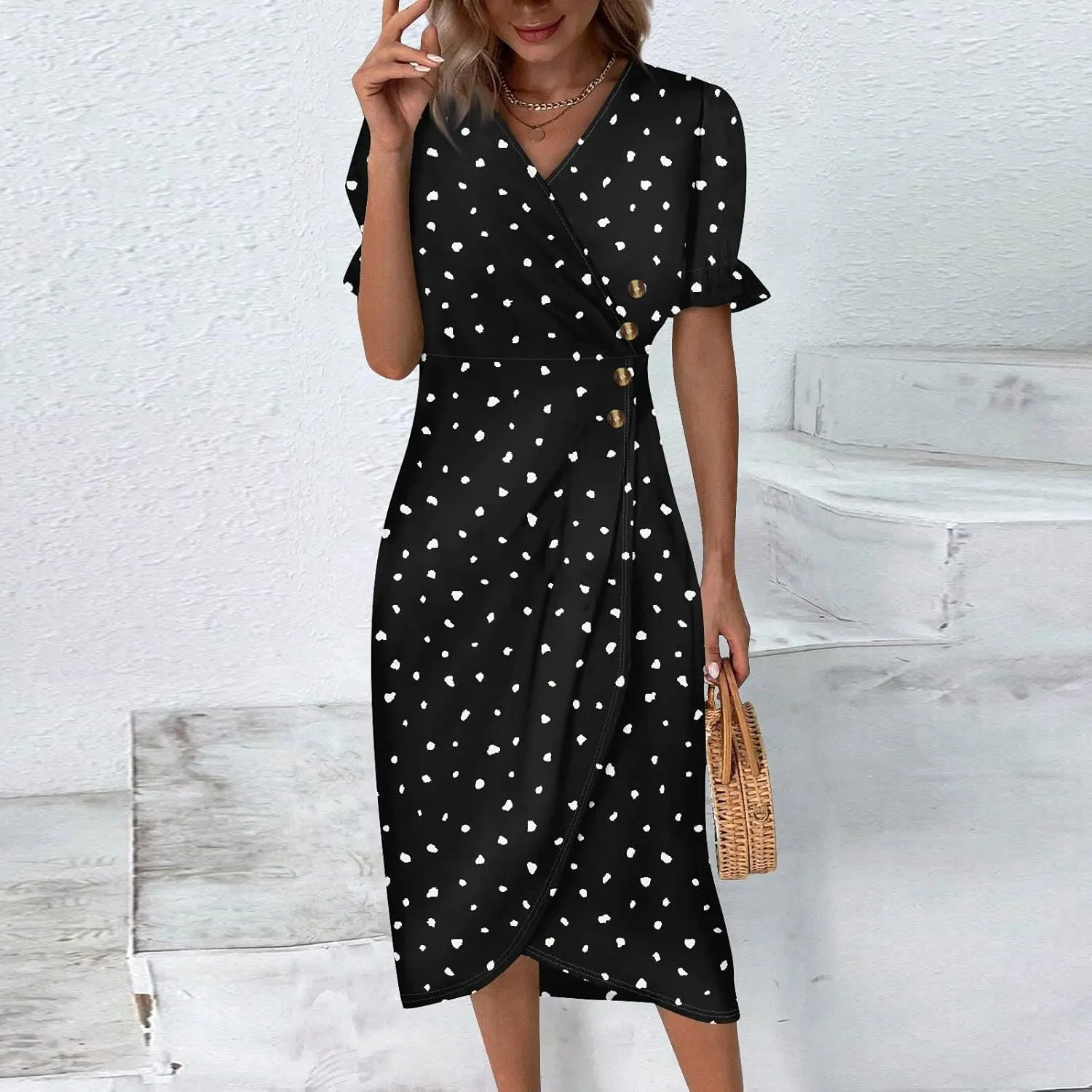 Formal Midi Dresses for Women Ruffled Short Sleeve V Neck Irregular Hem Dress A-line Boho Floral Wedding Guest Dress