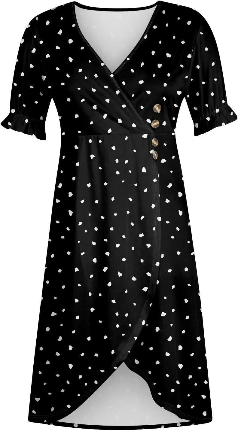 Formal Midi Dresses for Women Ruffled Short Sleeve V Neck Irregular Hem Dress A-line Boho Floral Wedding Guest Dress