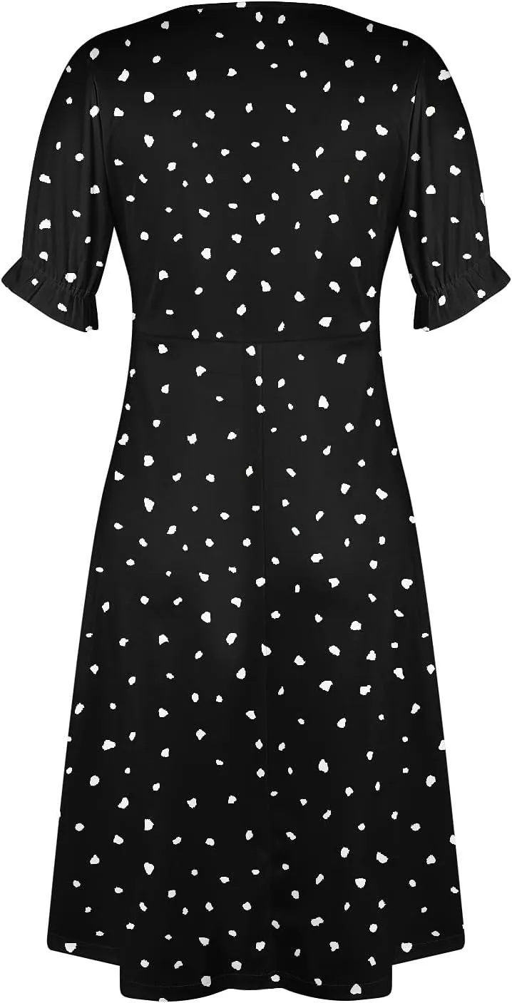 Formal Midi Dresses for Women Ruffled Short Sleeve V Neck Irregular Hem Dress A-line Boho Floral Wedding Guest Dress