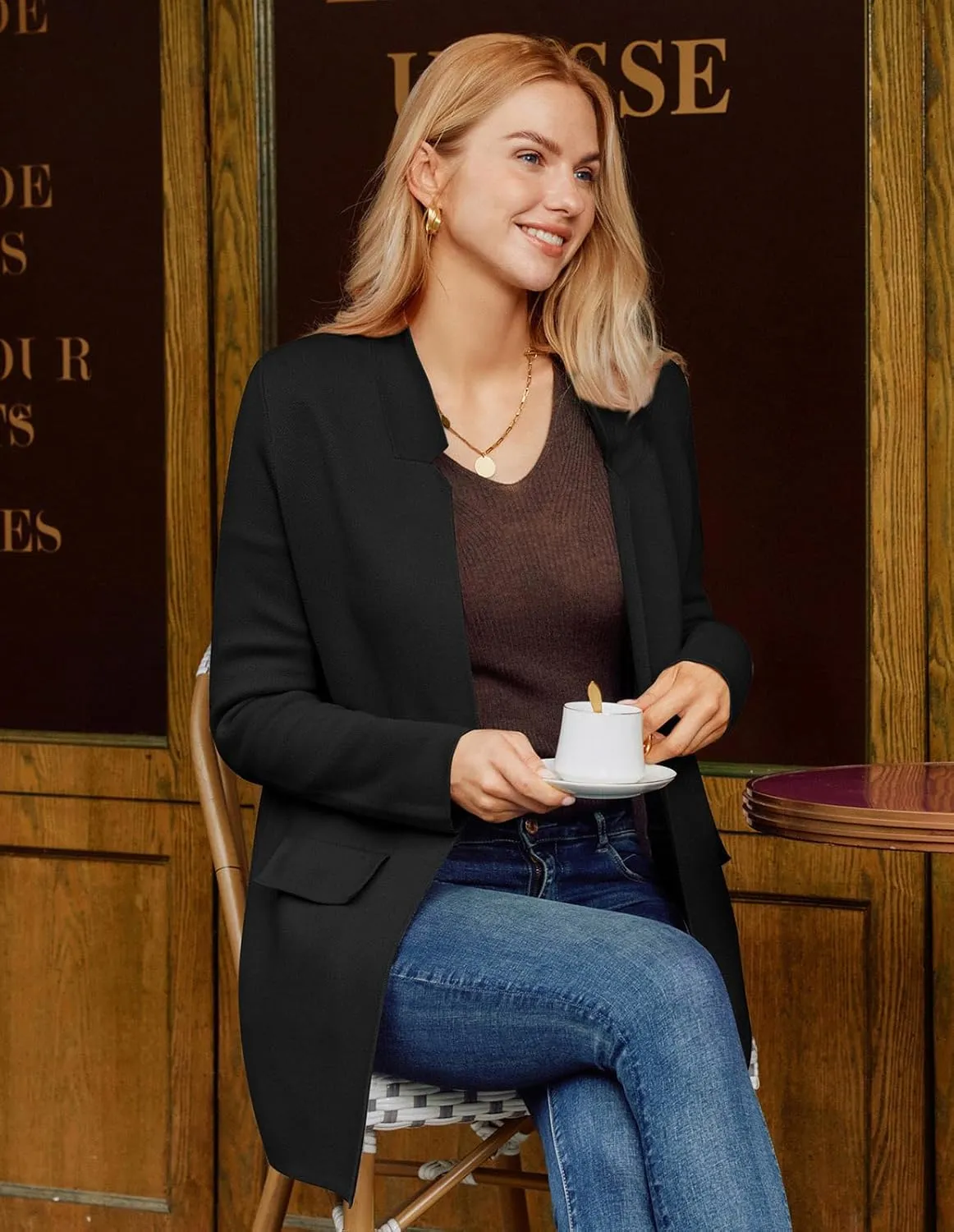 GRACE KARIN Women's 2025 Long Sleeve Knit Cardigan Coat Open Front Notch Collar Sweater Blazer Coatigan Jackets