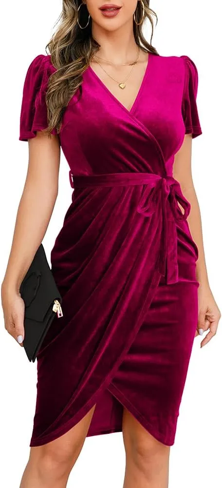 IHOT 2024 Women's Sexy V Neck Wrap Velvet Dress Short Sleeve Ruched Sheath Bodycon Cocktail Party Dress