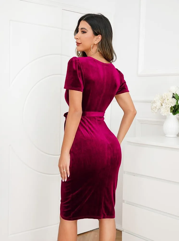 IHOT 2024 Women's Sexy V Neck Wrap Velvet Dress Short Sleeve Ruched Sheath Bodycon Cocktail Party Dress