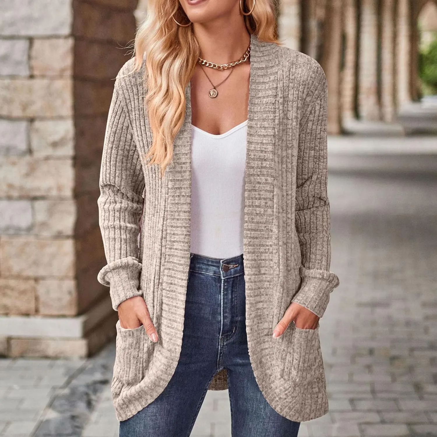 iLH Womens Loose Casual Cardigan Open Front Long Sleeve Chunky Cardigan Coat with Pocket Long Sleeve Cardigan Sweater