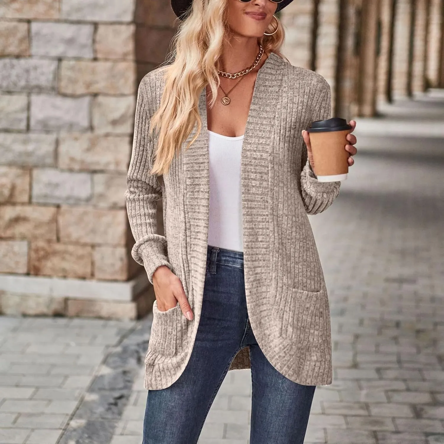 iLH Womens Loose Casual Cardigan Open Front Long Sleeve Chunky Cardigan Coat with Pocket Long Sleeve Cardigan Sweater