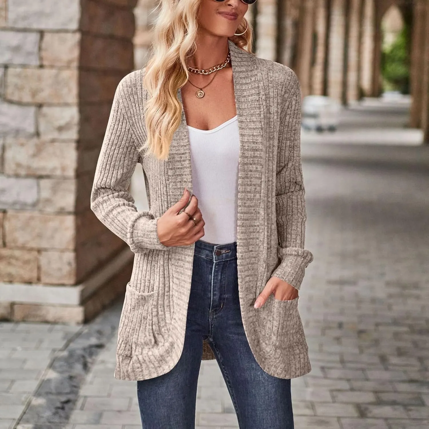 iLH Womens Loose Casual Cardigan Open Front Long Sleeve Chunky Cardigan Coat with Pocket Long Sleeve Cardigan Sweater