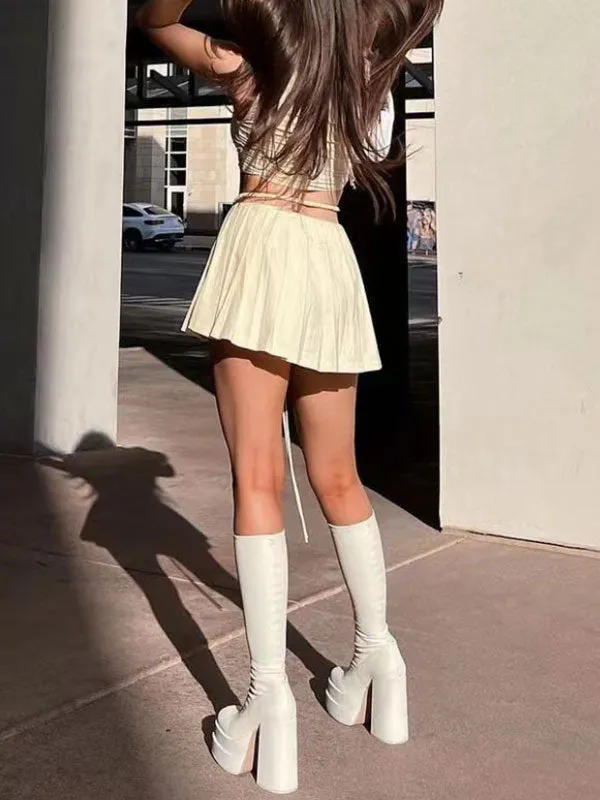 Lace Up Solid Pleated Mini Skirt