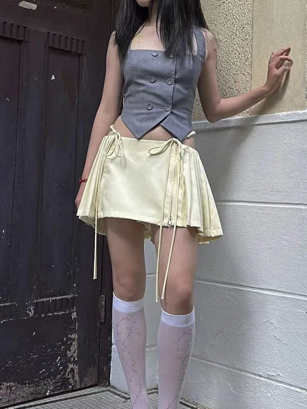 Lace Up Solid Pleated Mini Skirt