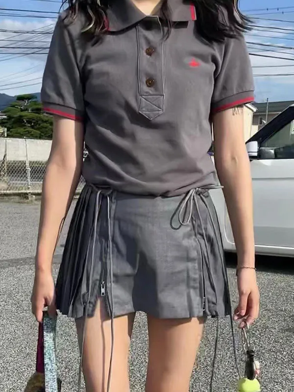 Lace Up Solid Pleated Mini Skirt