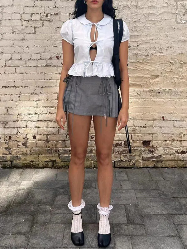 Lace Up Solid Pleated Mini Skirt