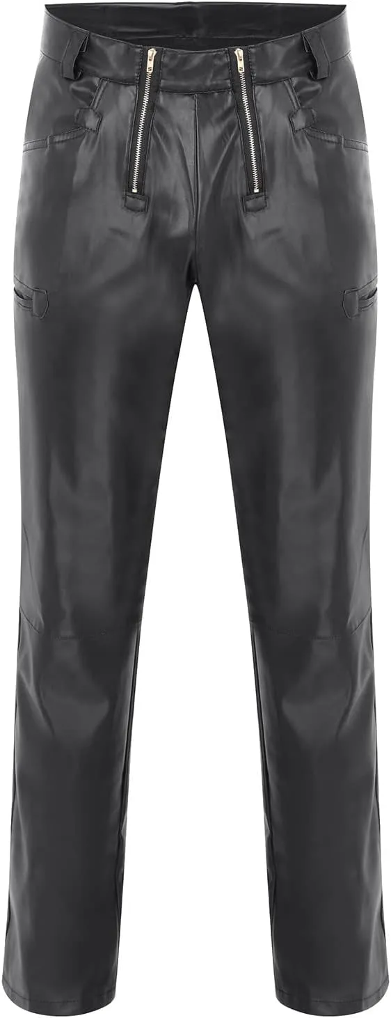 Leather Pants for Men Slim Fit Skinny Stretch Faux Leather Motorcycle Biker Pants Fashion Punk Retro Goth Hip Hop Trousers
