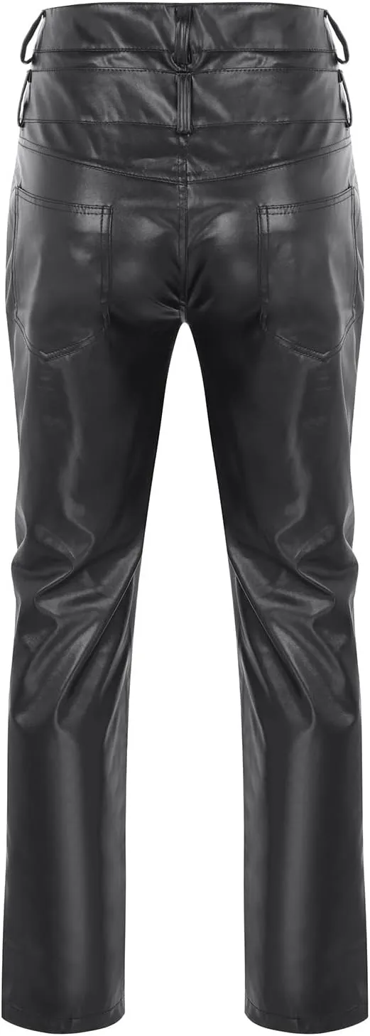 Leather Pants for Men Slim Fit Skinny Stretch Faux Leather Motorcycle Biker Pants Fashion Punk Retro Goth Hip Hop Trousers