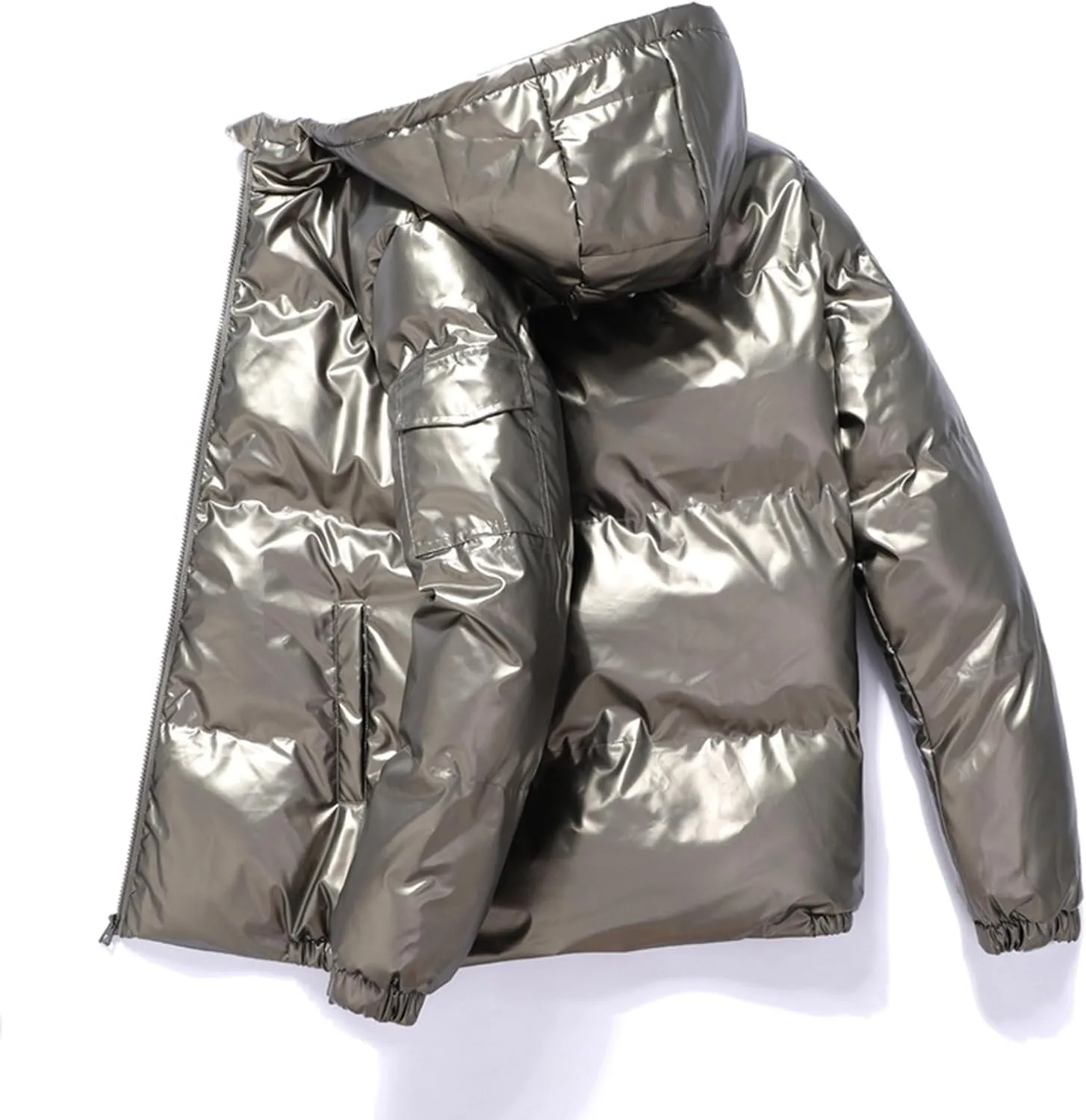 Mens Glossy Puffer Jacket Shiny Down Jacket Hooded Quilted Insulated Jacket Zip up Padded Coat Warm Winter Coats