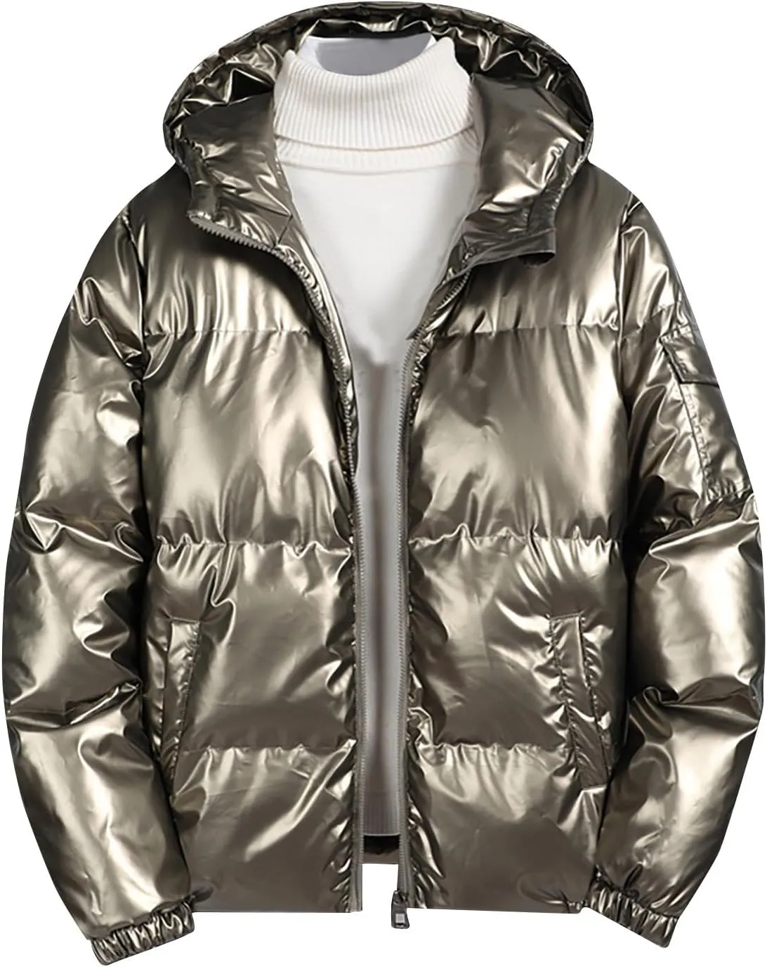 Mens Glossy Puffer Jacket Shiny Down Jacket Hooded Quilted Insulated Jacket Zip up Padded Coat Warm Winter Coats
