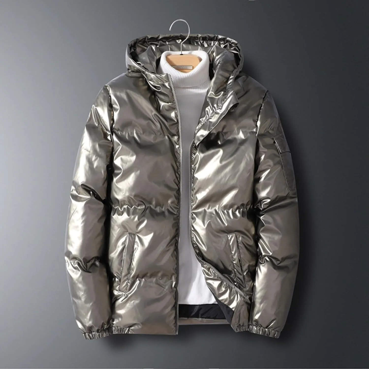 Mens Glossy Puffer Jacket Shiny Down Jacket Hooded Quilted Insulated Jacket Zip up Padded Coat Warm Winter Coats