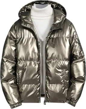 Mens Glossy Puffer Jacket Shiny Down Jacket Hooded Quilted Insulated Jacket Zip up Padded Coat Warm Winter Coats