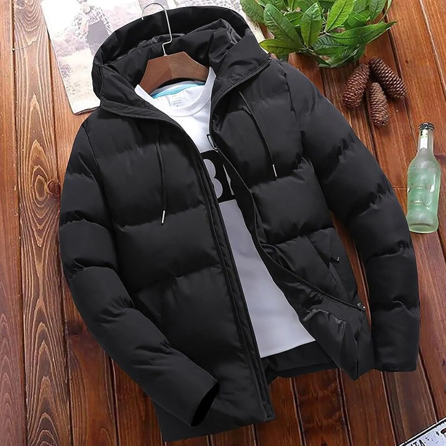 Mens Puffer down Jacket with Hood Quilted Padded Full Zip Packable Winter Warm Hooded Jacket Insulated Puffy Plus Size Coat