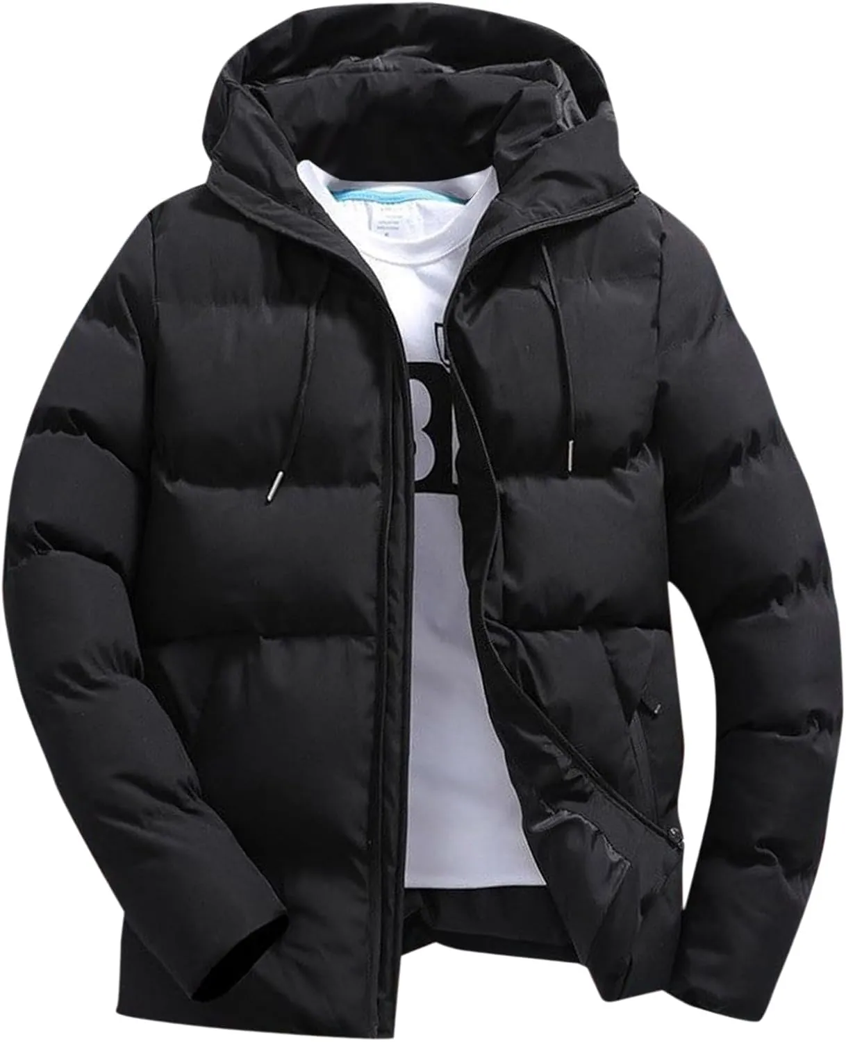 Mens Puffer down Jacket with Hood Quilted Padded Full Zip Packable Winter Warm Hooded Jacket Insulated Puffy Plus Size Coat