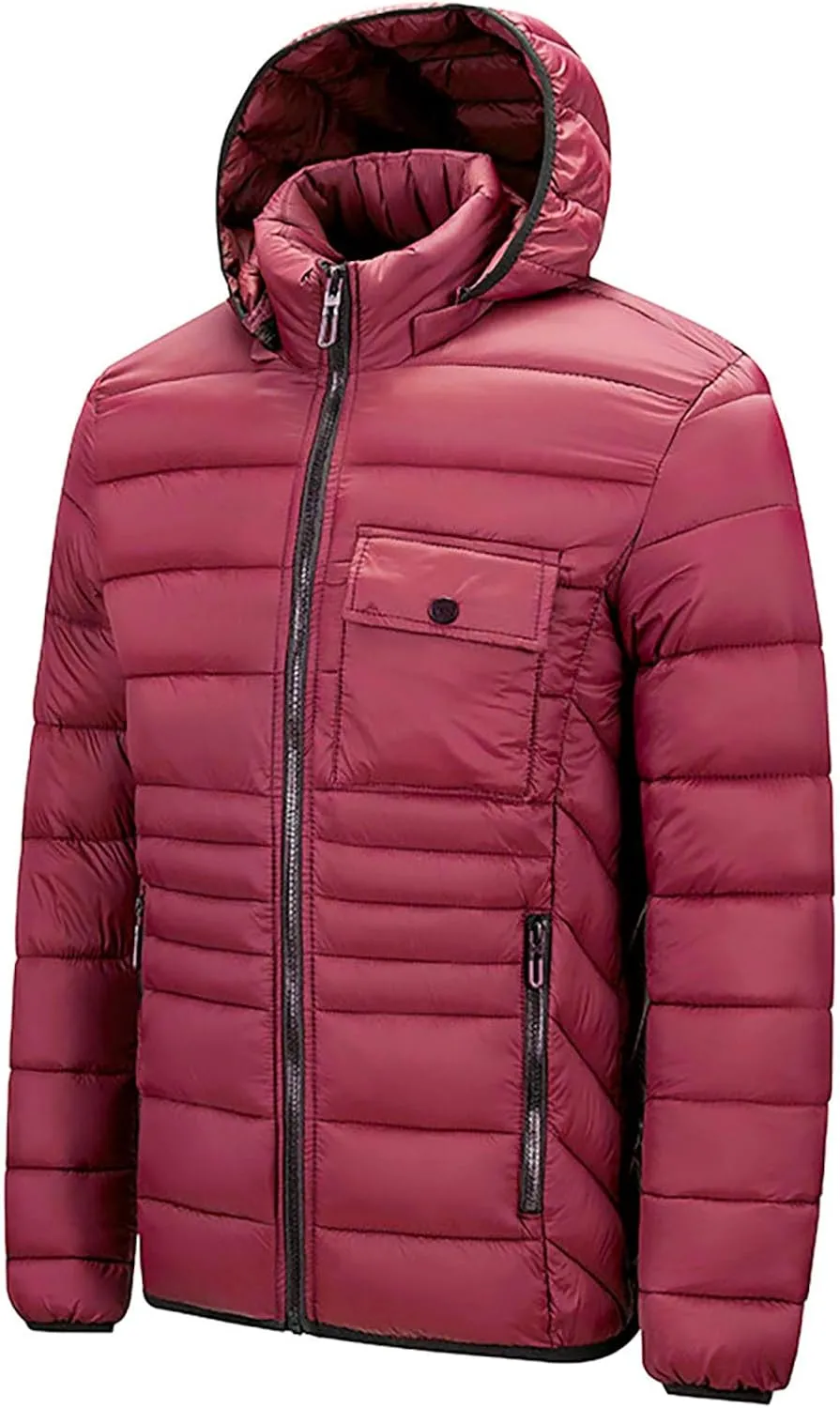 Mens Puffer Jacket Lightweight Hooded Down Jacket Water Resistant Quilted Jacket Plus Size Insulated Jacket Winter Coat