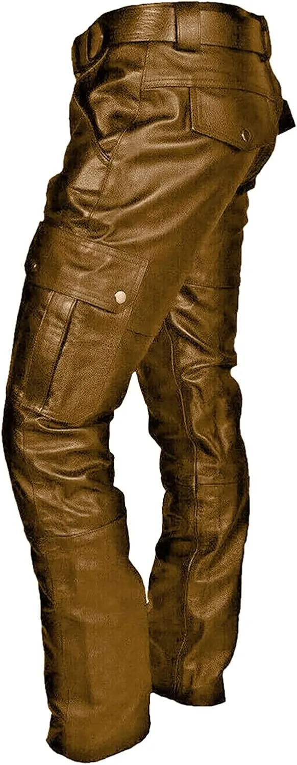 Mens Punk Pants Vintage Gothic Steampunk Faux Leather Biker Pants Metallic Motocycle Hip Hop PU Leather Denim Pants