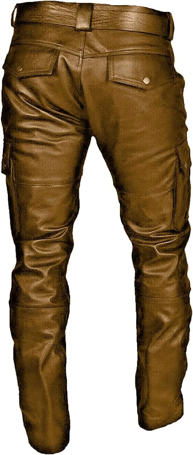 Mens Punk Pants Vintage Gothic Steampunk Faux Leather Biker Pants Metallic Motocycle Hip Hop PU Leather Denim Pants