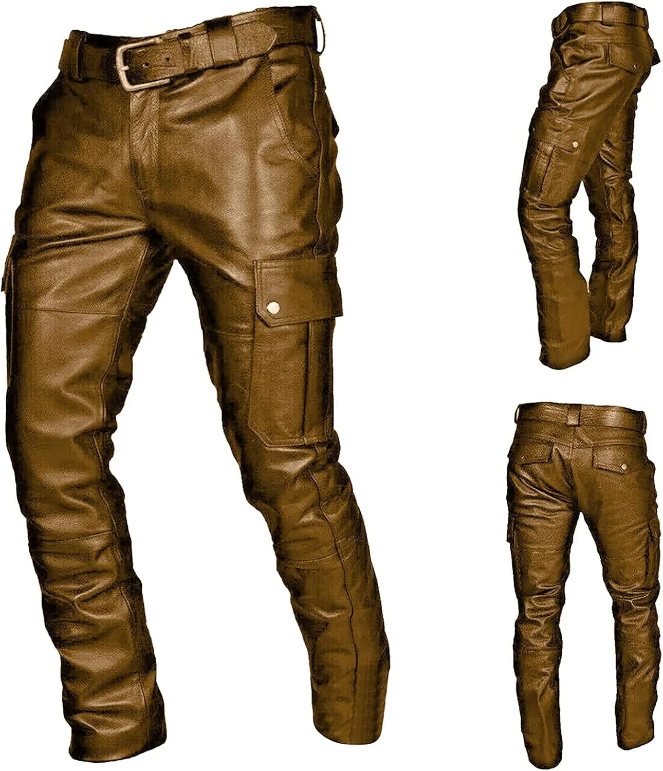 Mens Punk Pants Vintage Gothic Steampunk Faux Leather Biker Pants Metallic Motocycle Hip Hop PU Leather Denim Pants