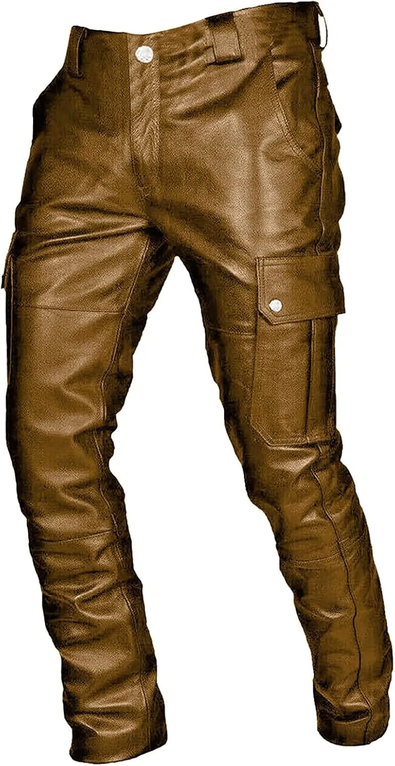 Mens Punk Pants Vintage Gothic Steampunk Faux Leather Biker Pants Metallic Motocycle Hip Hop PU Leather Denim Pants
