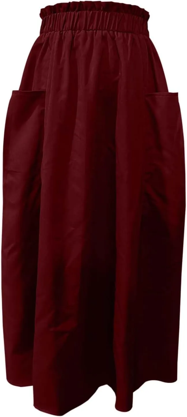 Midi Skirts for Women High Elastic Waist Loose Casual Flowy A-Line Summer Vacation Maxi Skirts with Pockets Streetwear