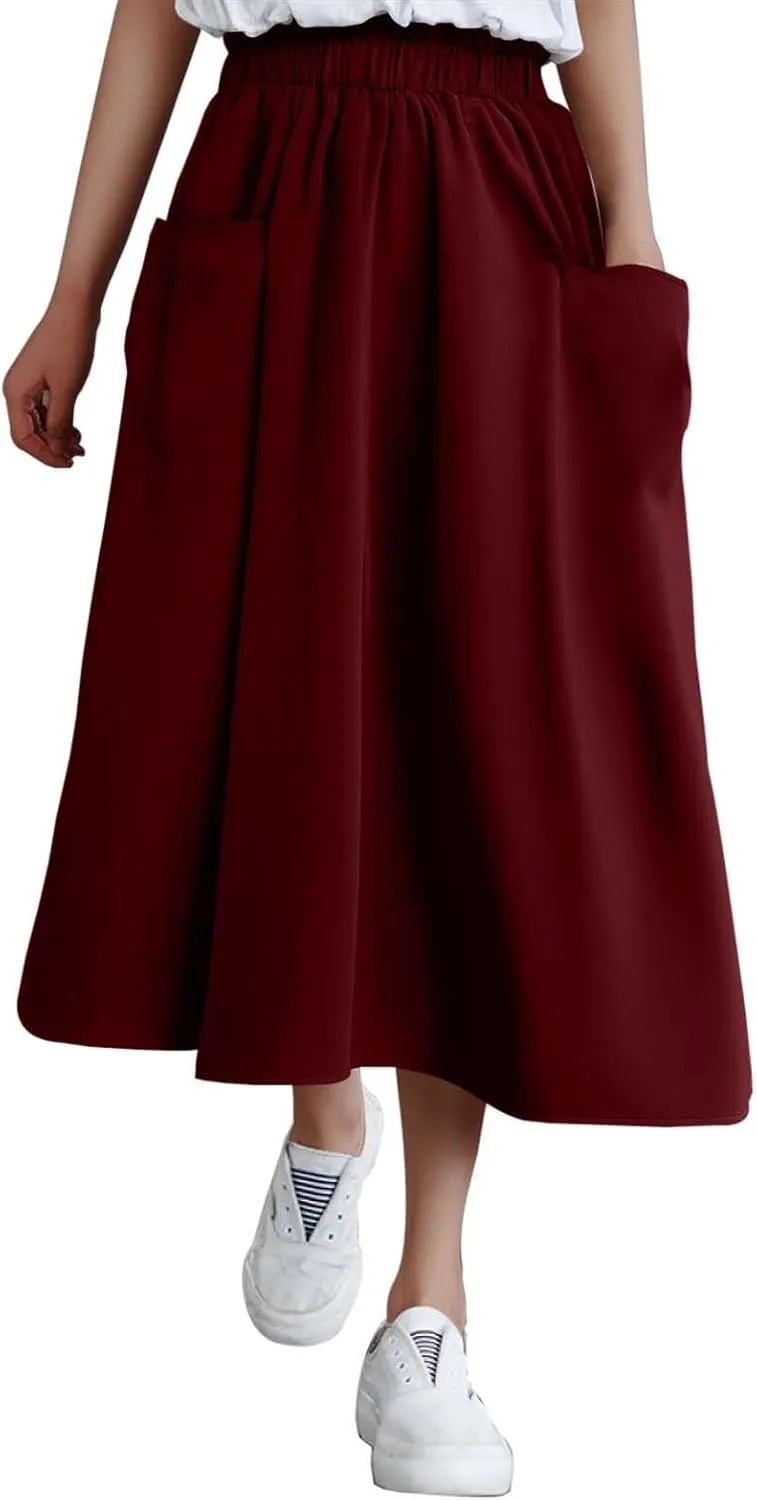 Midi Skirts for Women High Elastic Waist Loose Casual Flowy A-Line Summer Vacation Maxi Skirts with Pockets Streetwear