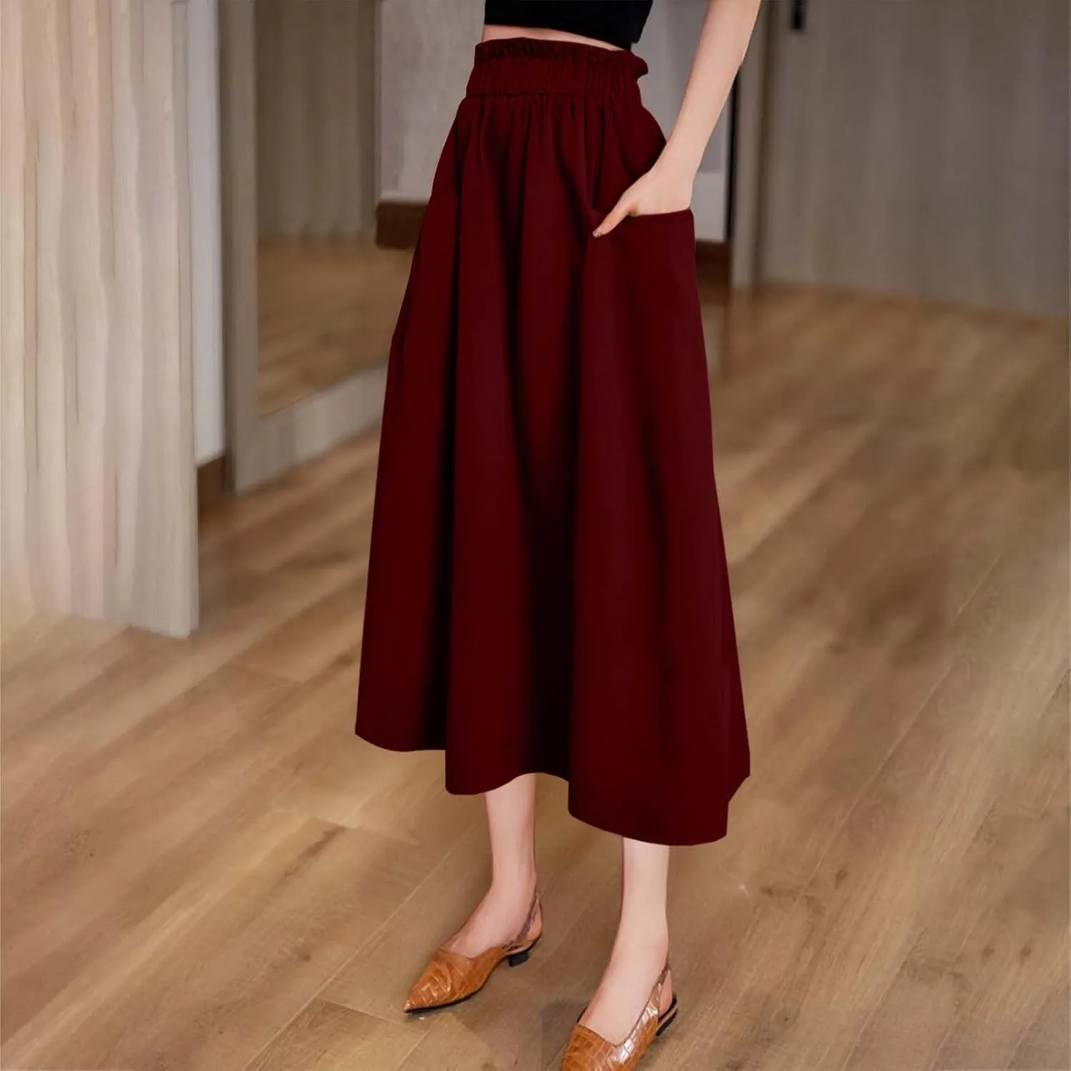 Midi Skirts for Women High Elastic Waist Loose Casual Flowy A-Line Summer Vacation Maxi Skirts with Pockets Streetwear