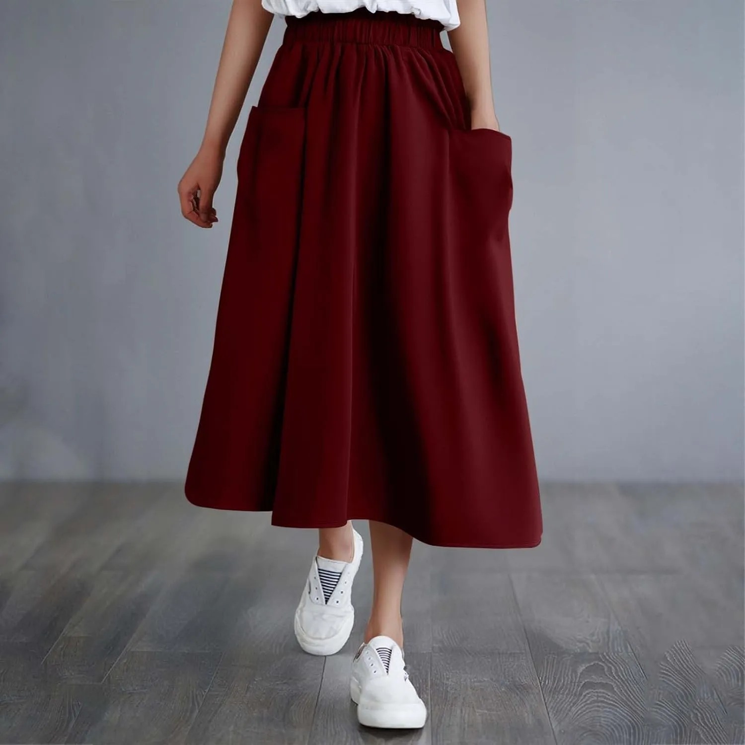 Midi Skirts for Women High Elastic Waist Loose Casual Flowy A-Line Summer Vacation Maxi Skirts with Pockets Streetwear
