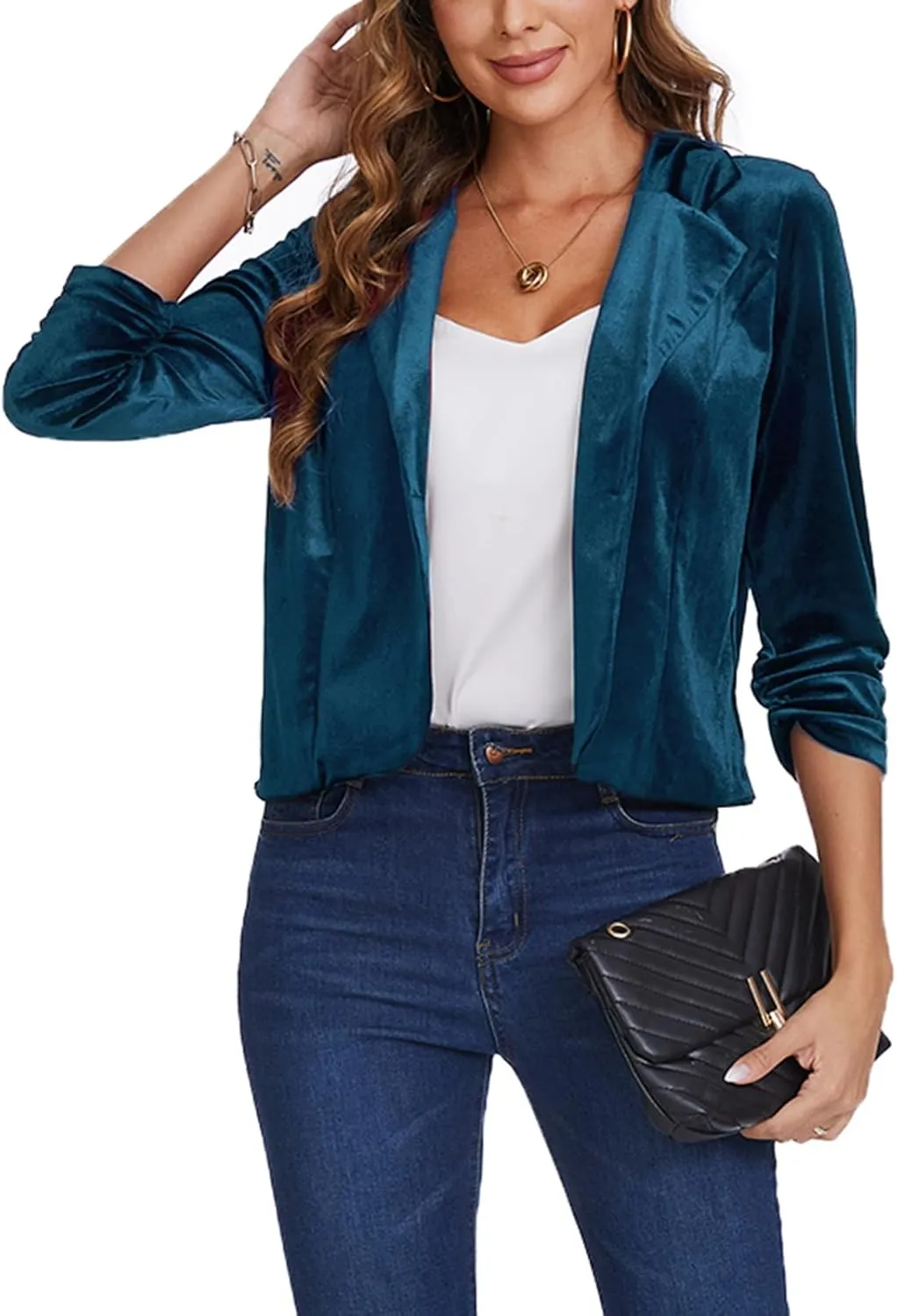 MINTLIMIT Velvet Blazer 3/4 Ruched Sleeve Notched Lapel Button Front Casual Work Office Blazer Jackets