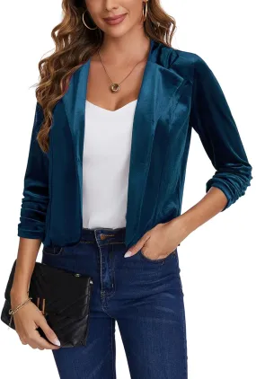 MINTLIMIT Velvet Blazer 3/4 Ruched Sleeve Notched Lapel Button Front Casual Work Office Blazer Jackets