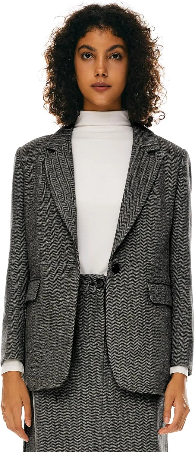 Orolay Women's Thick Long Sleeve Blazer Work Casual Open Front Jacket Wool Blend Office Fall One Button Suit