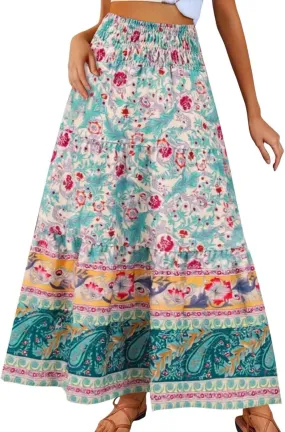 Skirt for Women Summer Vacation Bohemian High Waist Pleated Tummy Control Boha Floral Print Maxi Skirts Streetwear