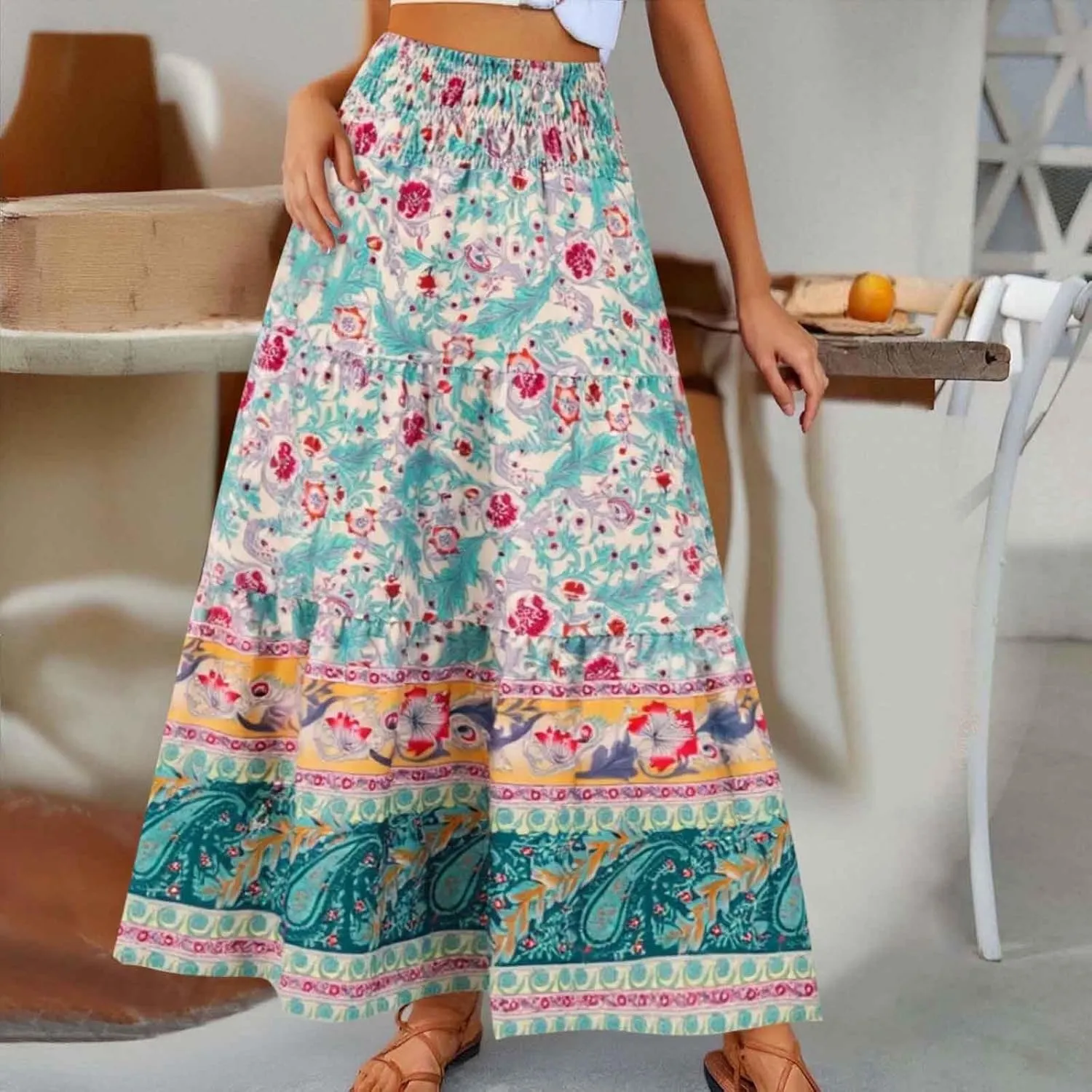 Skirt for Women Summer Vacation Bohemian High Waist Pleated Tummy Control Boha Floral Print Maxi Skirts Streetwear
