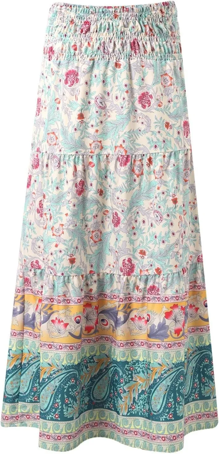 Skirt for Women Summer Vacation Bohemian High Waist Pleated Tummy Control Boha Floral Print Maxi Skirts Streetwear