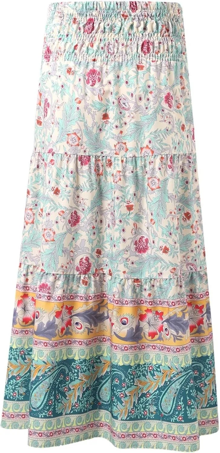Skirt for Women Summer Vacation Bohemian High Waist Pleated Tummy Control Boha Floral Print Maxi Skirts Streetwear