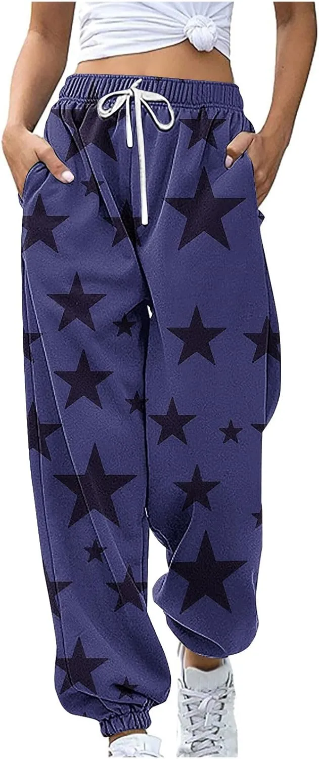 Women Comfy Sweatpants Trendy 2025 Stars Print Athletic Hiking Joggers Pants High Waisted Teen Girls Casual Pants