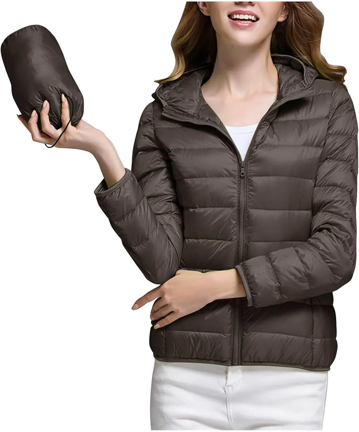 Women Winter Jackets Plus Size Packable Quilted Puffer Parka Coat Full Zip Hooded Down Jacket Outerwear with Hood