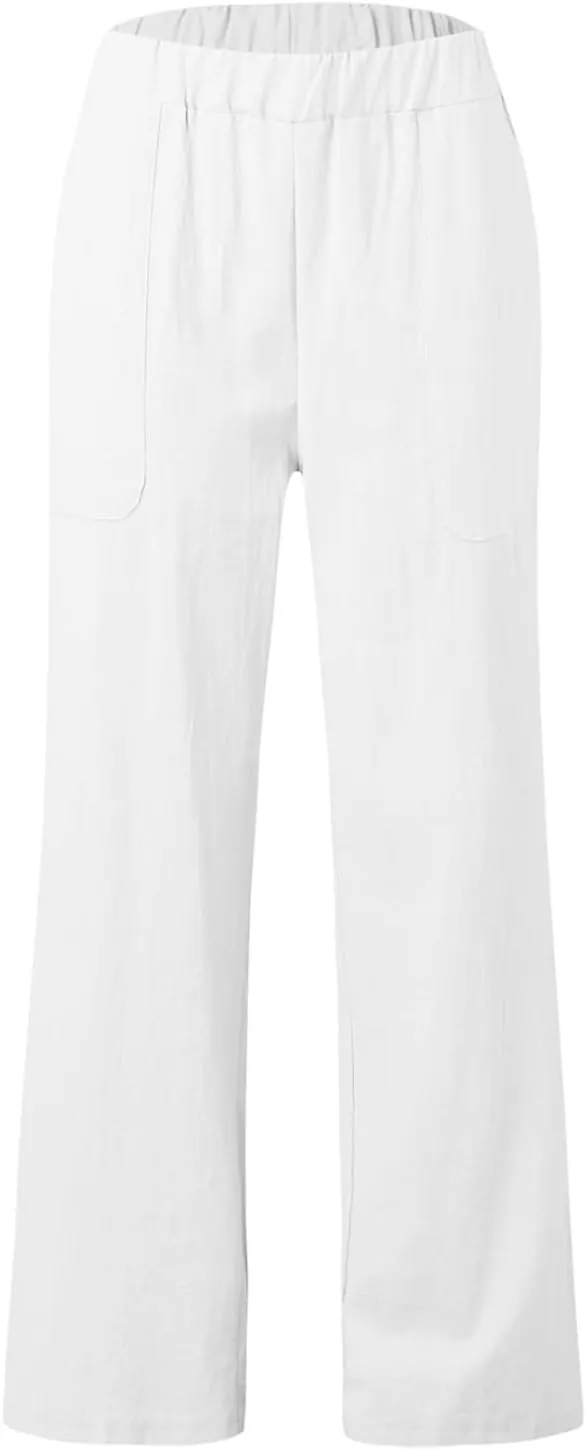 Womens Casual Solid High Waisted Loose Wide Leg Cozy Lightweight Casual Pants Comfy Straight Leg Trousers Pants With Pockets